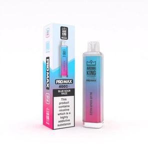 Aroma King Crystal Pro Max 4000+ disposable vape in blue and pink gradient design with retail packaging and warning label