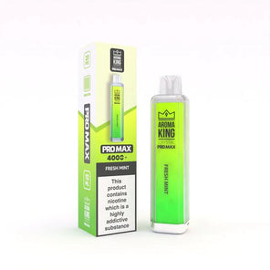 Aroma King Crystal Pro Max 4000 disposable vape in Fresh Mint flavor with retail packaging and device showing bright green design