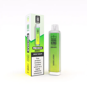 Aroma King Crystal Pro Max 4000 disposable vape in green packaging with product box showing grape flavor and nicotine warning