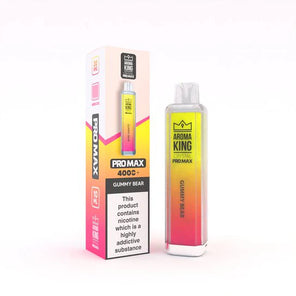 Aroma King Crystal Pro Max 4000+ disposable vape device and packaging box showing gummy bear flavor in vibrant yellow and pink design
