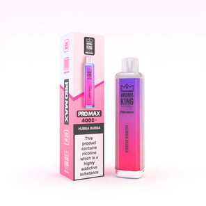 Aroma King Crystal Pro Max 4000 disposable vape in pink and purple packaging with retail box showing Hubba Bubba flavor